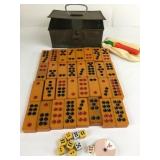 METAL BOX WITH BAKELITE DOMINOS MISC DICE AND