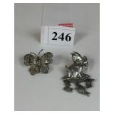 TWO SILVER TONE PINS ONE CAT ONE BUTTERFLY LCD