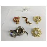 GROUP OF PINS LIZARD PEARL HEART RED RHINESTONES