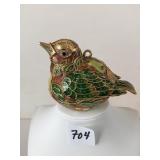 ENAMELED BIRD ORNAMENT GOLD TONE METAL WITH BOX