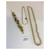 TWO GOLD TONE NECKLACES TRIPLE CHAIN WITH BEADS