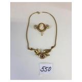 GOLD TONE CAMEO PIN NECKLACE WITH ROSE LEAF FOCAL