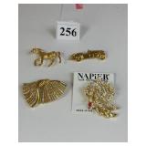 FOUR NAPIER GOLD TONE PINS RHINESTONES HORSE CAR