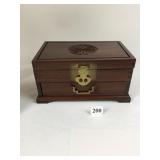 WOOD JEWELRY BOX WITH ORIENTAL BRASS TRIM HANDLES
