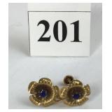 10K VINTAGE SCREW BACK EARRINGS WITH CENTER BLUE