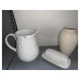 GIBSON PITCHER, COVERED BUTTER AND LENOX VASE