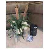 ARTIFICIAL CATTAILS IN VASE, VASE, AND BUNNY