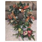 FALL WREATH AND ARTIFICIAL FRUITS IN PEDESTAL