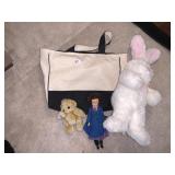 CANVAS TOTE AND STUFFED ANIMALS, DOLL WITH "H" ON