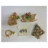 GOLD TONE CAT PIN FRENCH HORN CHRISTMAS TREE AND