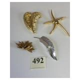 DOUBLE FEATHER PIN SILVER TONE LEAF PIN WITH