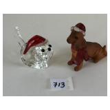 RESIN CHRISTMAS DOG WITH HAT GLASS CAT WITH SANTA