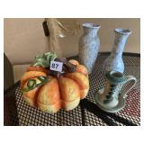 PUMPKIN DISH WITH LID, VASES, AND CANDLE HOLDER