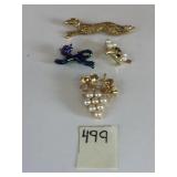 GOLD TONE PEARL GRAPE PIN, CAT PIN GOLD TONE CAT