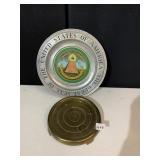 BRASS PLANT BASE, PEWTER PLATE 11"