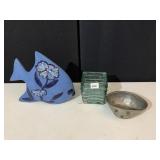 CERAMIC FISH, PLANTER, PEWTER BOWL DENTED