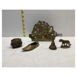 BRASS NAPKIN HOLDER, TRINKET BOX, SHOE, BELL AND