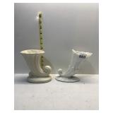 2 HORN VASES, ONE MILK GLASS, ONE STONEWARE