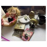 DOLL BASKET, PEWTER VASE, FRAMED PICTURE, SHOWER