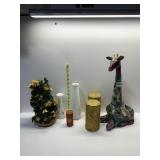 FLORAL GIRAFFE FIGURE, PILLAR CANDLES, MILK GLASS