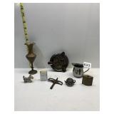 BRASS BUD VASE, PEWTER SCOTTIE DOG, CLOCK KEY,