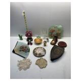 DOILIES, BRASS BABY SHOE, IRON STAND, DOLL HOUSE