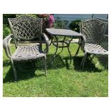 4 CAST ALUMINUM CHAIRS AND SIDE TABLE
