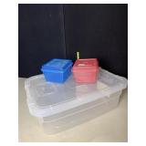 2 SM. BINS AND CLEAR HAS CRACK ON EDGE OF LID