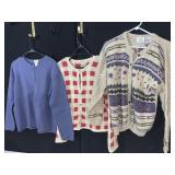 EDDIE BAUER SIZE LG RED AND TAN CARDIGAN, LL BEAN