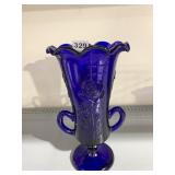9.5" H COBALT DOUBLE HANDLE ROSE DESIGN VASE