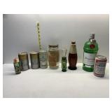 MASON JAR OF MOON SHINE, EMPTY BEER CANS, LIQUOR