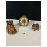 ALARM CLOCK W. GERMANY, BRASS SHOE, TRINKET BOX