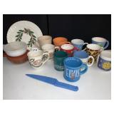 ASSORTED MUGS AND GLASS CONTAINER WITH LID, ETC.