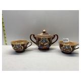 FAIRY AND CHINA COVERED SUGAR BOW AND 2 TEACUPS,