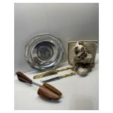 SHOE FORM, PEWTER PLATE, COMEDY BOOK END W/ CHIP