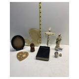 SILVER PLATE FRAME, METAL JESUS, PLASTIC CROSS,