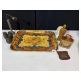 METAL ROSE, CHINESE TEA, WOODEN BUST, TRAY, ETC.