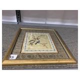 EMBROIDERY ON SILK FRAMED, BIRD ON TREE SCENE 13"