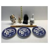 ASIAN FIGURINES WITH PAINT WEAR/CHIPS, WOOD FLUTE