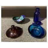 FOOTED DISPLAY PLATE, BLUE GLASS ASHTRAY, ETC.