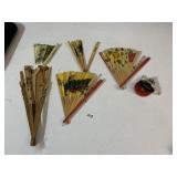 VINTAGE WOODEN CASTANET, PAPER FANS
