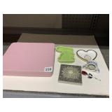 TRINKET HOLDERS, CLOCK, TIN