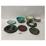 HAND PAINTED BOWLS, SAUCERS, METAL ENAMEL
