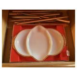 FIRE KING DIVIDED SERVING DISH, CANDLES