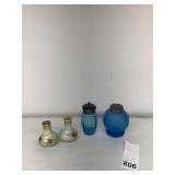 BLUE SATIN GLASS SHAKER AND CONDIMENT HOLDER AND
