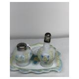 EAPG CONDIMENT SET W/ 2 BOTTLES FLOWER DESIGN