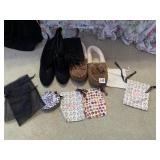 BOOTS SZ 7.5, SLIPPERS SZ 8, JEWELRY BAGS