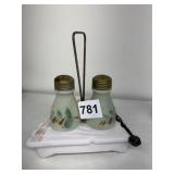 ANTIQUE GLASS CONDIMENT FAN SHAPE TRAY AND 2