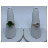 RINGS- SET IN 14K GOLD - GREEN CENTER STONE AND