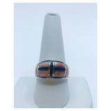 RING BLACK ONYX AND ORANGE SHELL SILVER RING -